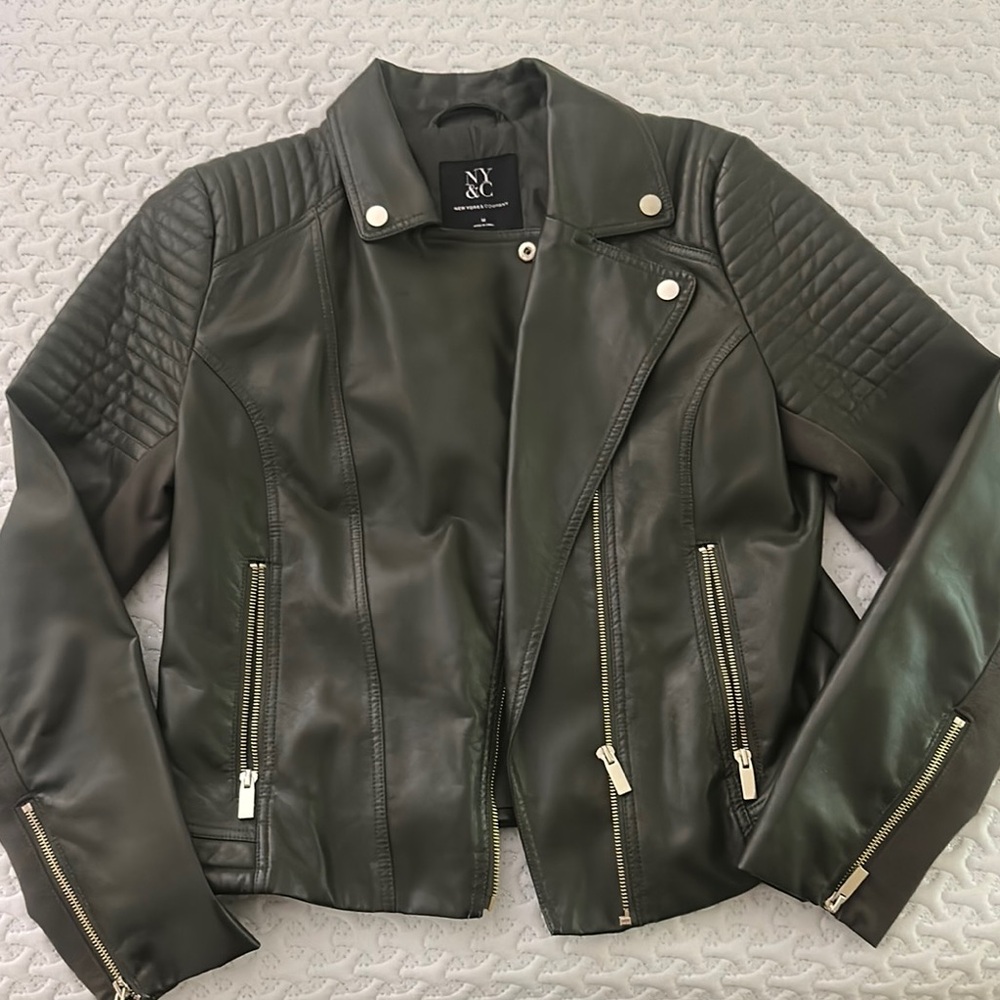New York & Company Green Leather Jacket Asymmetrical Design